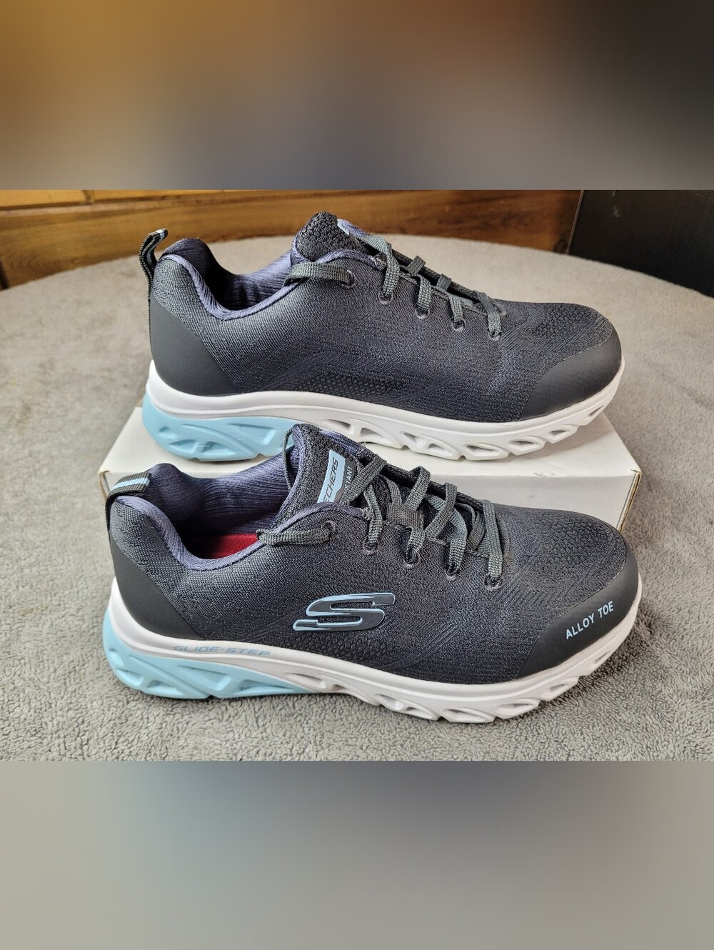 Skechers Glide Step Safety Alloy Toe Shoes Womens 6.5 Charcoal/Light Blue ASTM